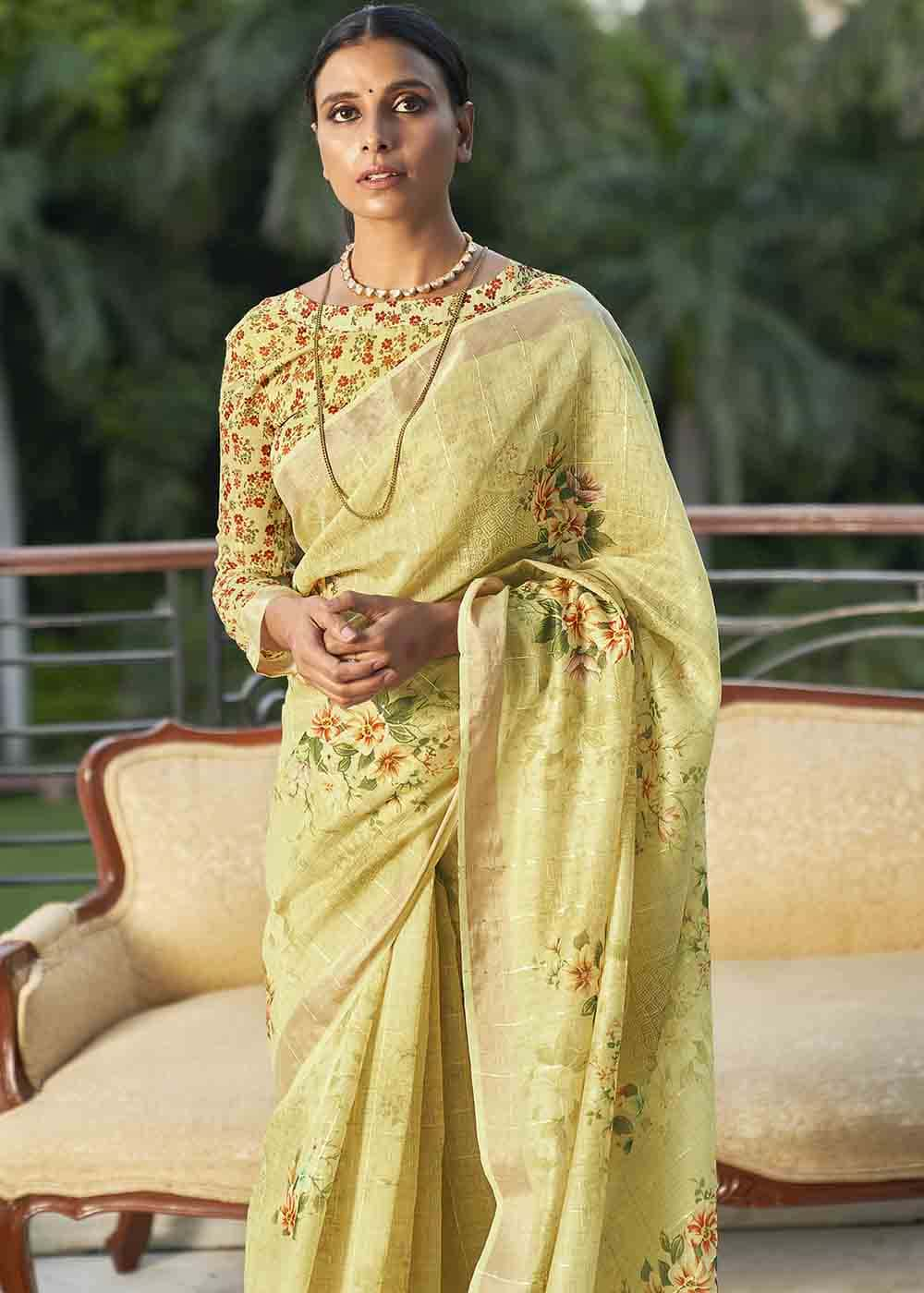 Buy MySilkLove Double Greenish Yellow Digital Floral Printed Saree Online