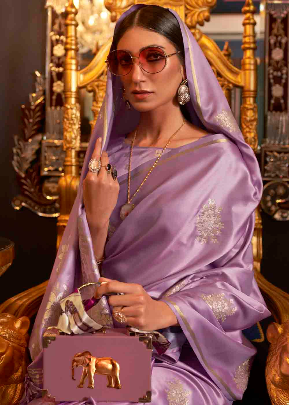 Buy MySilkLove Brandy Rose Purple Zari Woven Banarasi Satin Silk Saree Online