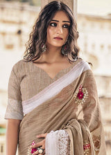 Khaki Light Brown Zari Woven Soft Linen Silk Saree