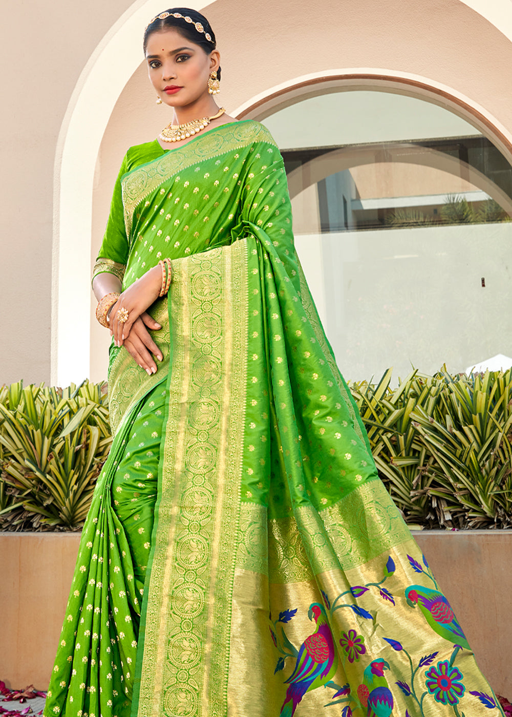 MySilkLove Limeade Green Woven Paithani Silk Saree