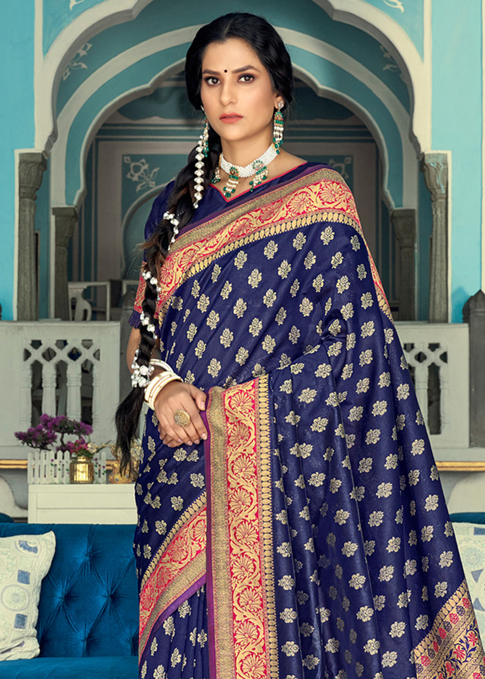 Buy MySilkLove Fiord Blue and Red Zari Woven Banarasi Saree Online