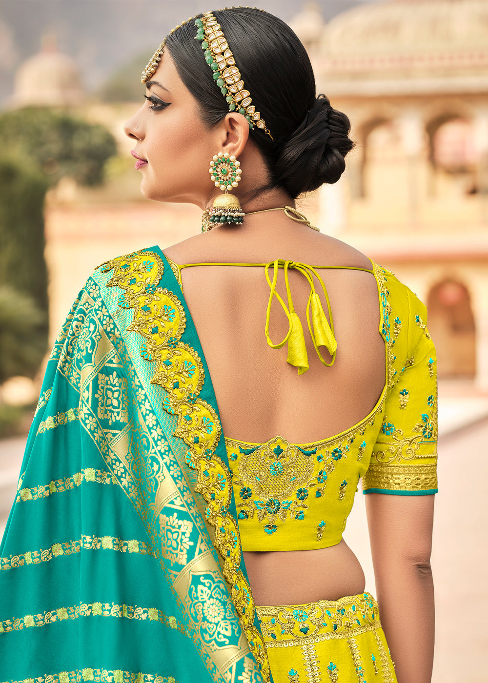 Buy MySilkLove Lemon Yellow and Blue Heavy Designer Embroidered Lehenga Online