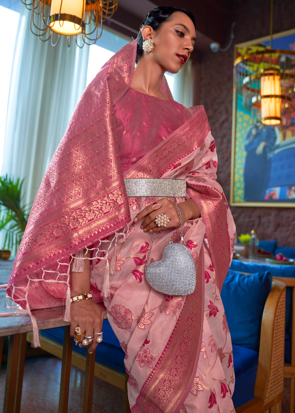 MySilkLove Shilo Pink Bronze Zari Organza Woven Silk Saree