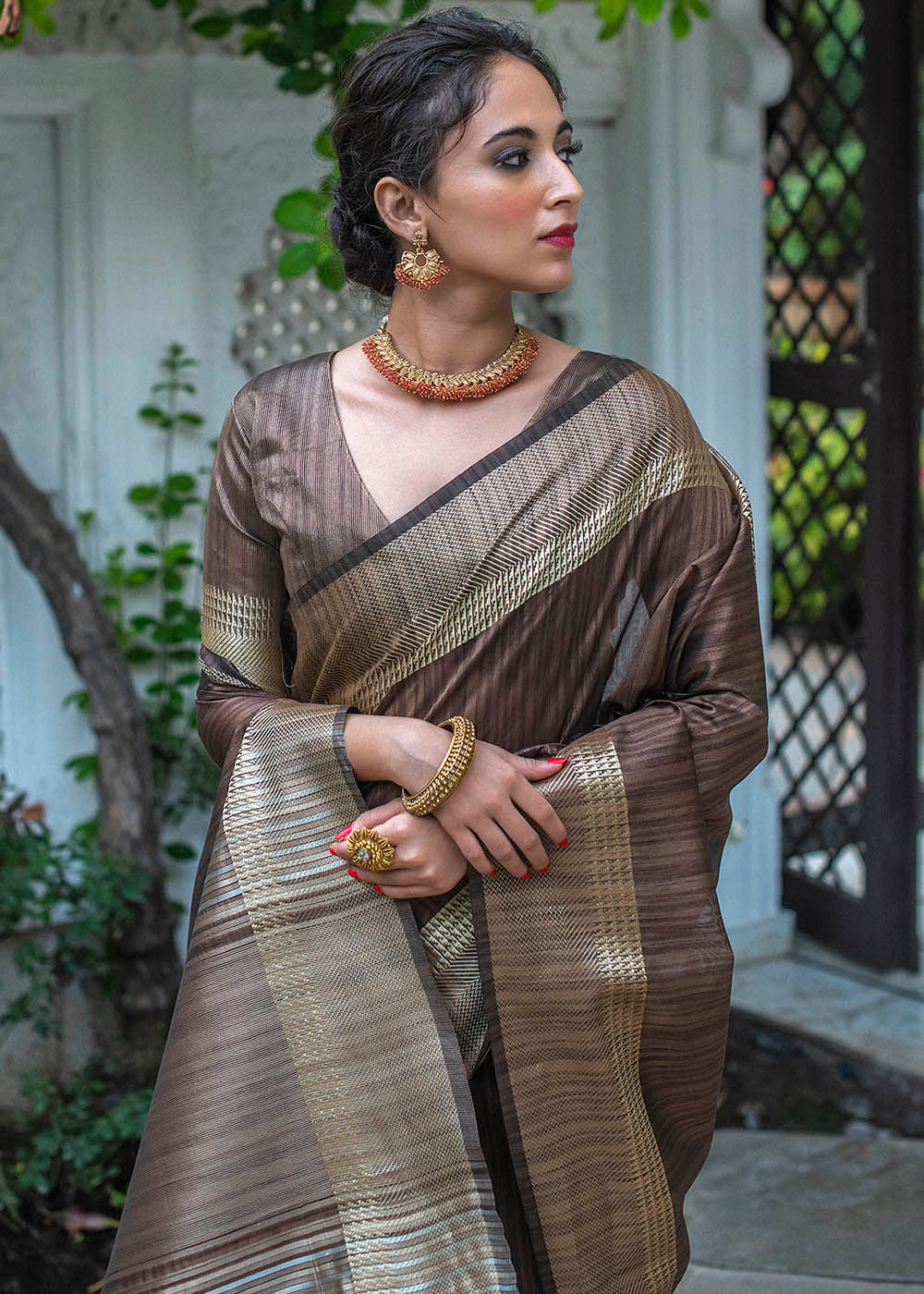 Buy MySilkLove Emperor Brown Zari Woven Tussar Silk Saree Online