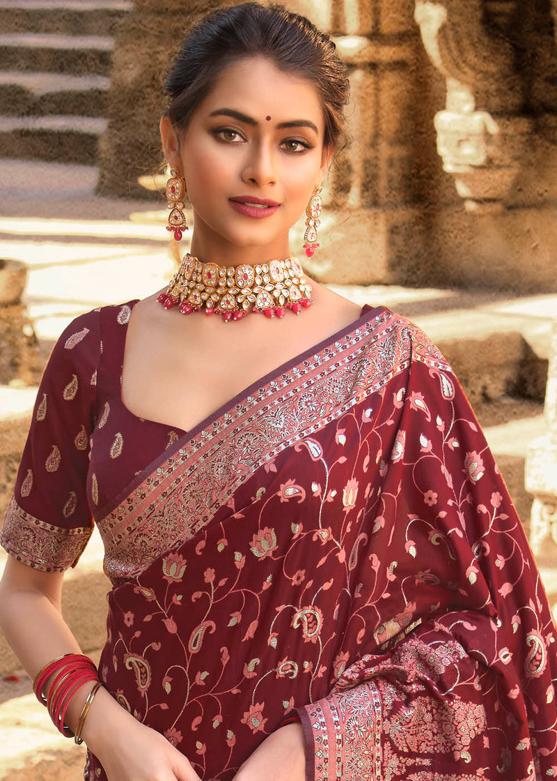Nutmeg Brown Zari Woven Banarasi Kora Silk Saree
