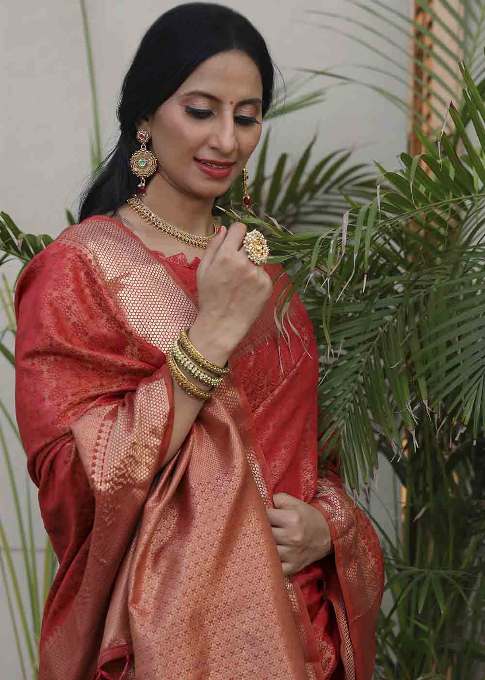 MySilkLove Mojo Red Zari Woven Banarasi Soft Silk Saree