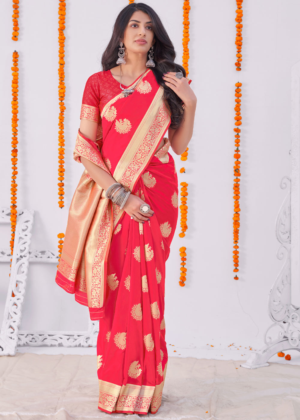 Buy MySilkLove Sunset Red Zari Woven Banarasi Silk Saree Online