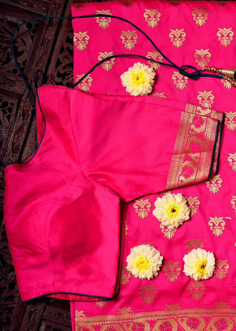 Deep Pink and Green Zari Woven Banarasi Brocade Saree