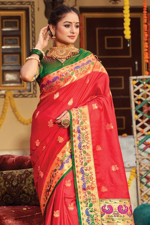 Buy MySilkLove Salmon Red and Green Zari Woven Paithani Saree Online