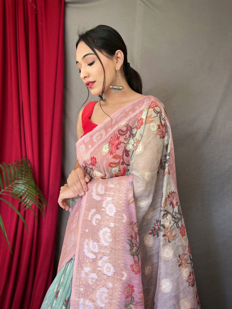 Sheen Green Banarasi Dual Tone Floral Printed Silk Saree