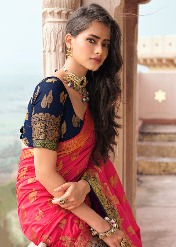 Lotus Pink Woven Banarasi Raw Silk Saree
