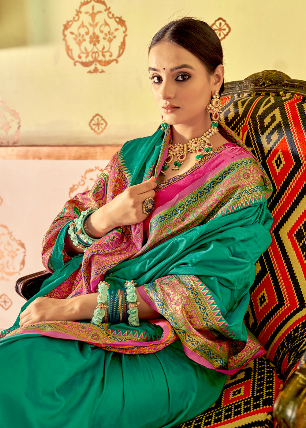 Buy MySilkLove Pine Green and Pink Zari Woven Banarasi Soft Silk Saree Online