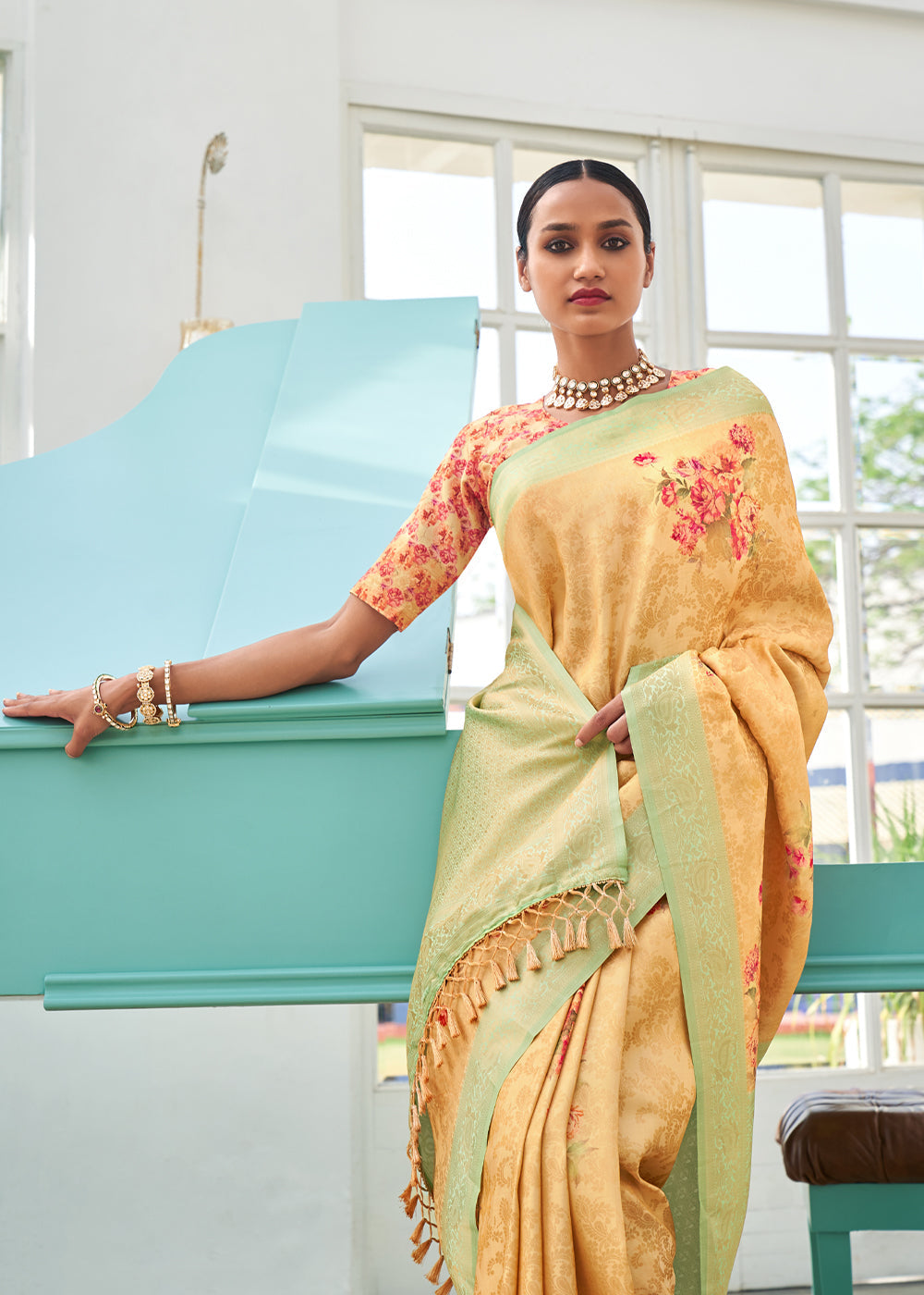 Buy MySilkLove Brulee Yellow Banarasi Jacquard Printed Saree Online