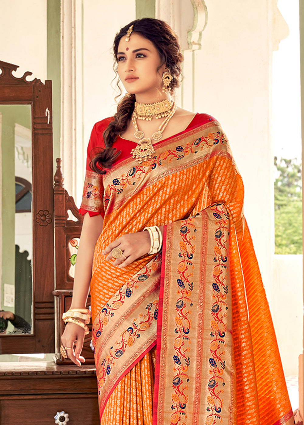 Buy MySilkLove Carrot Orange and Red Zari Woven Banarasi Brocade Saree Online