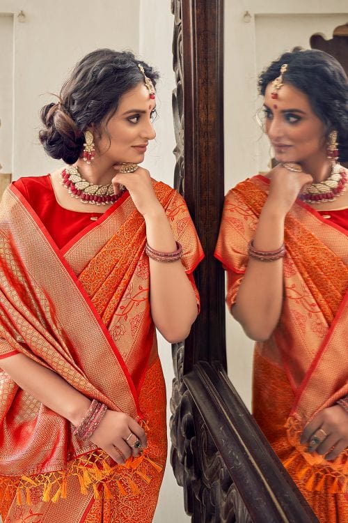 Buy MySilkLove Pea Orange Zari Woven Banarasi Saree Online