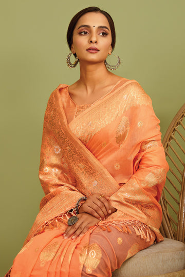 Buy MySilkLove Sandy Brown Orange Zari Woven Linen Saree Online