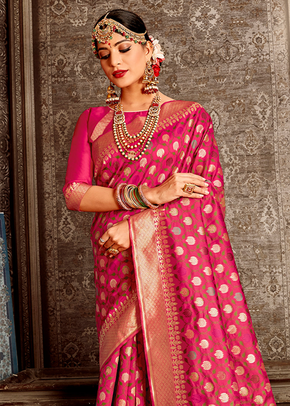 MySilkLove Mandy Pink Zari Woven Banarasi Brocade Silk Saree