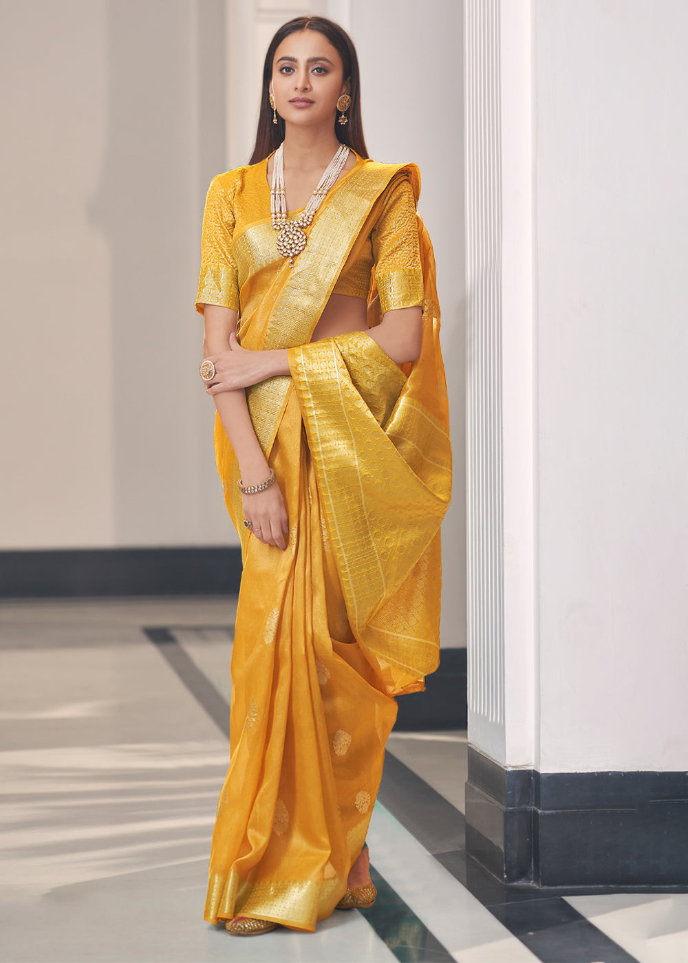 MySilkLove Saffron Yellow Zari Woven Tissue Banarasi Silk Saree