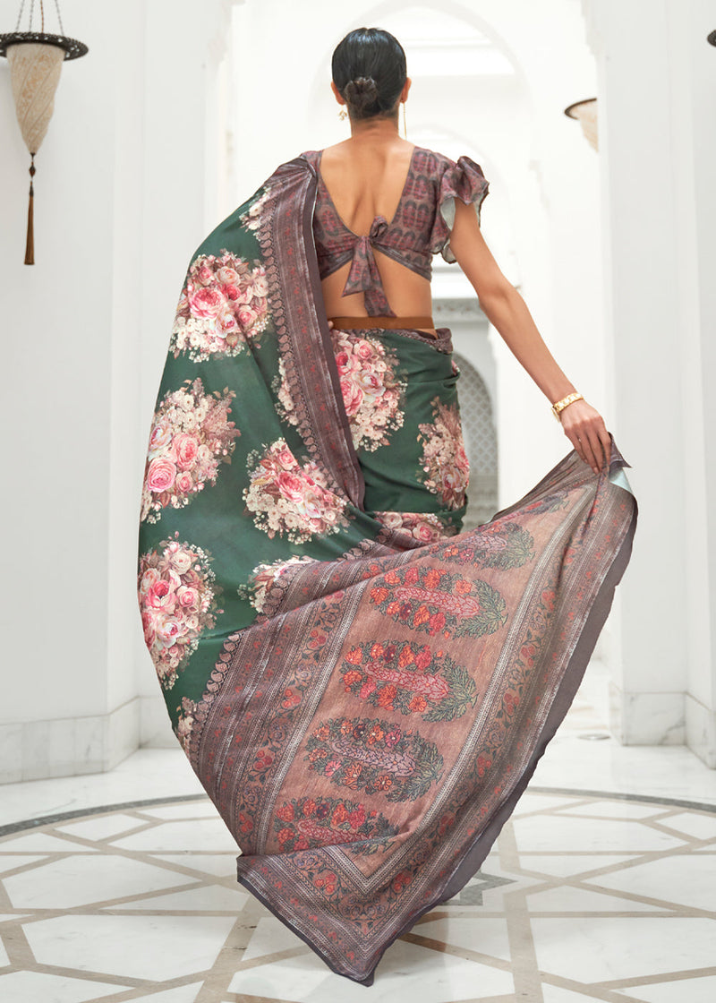 Spanish Green and Pink Kalamkari Printed Crepe Saree