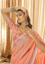 Hit Pink Zari Woven Linen Saree