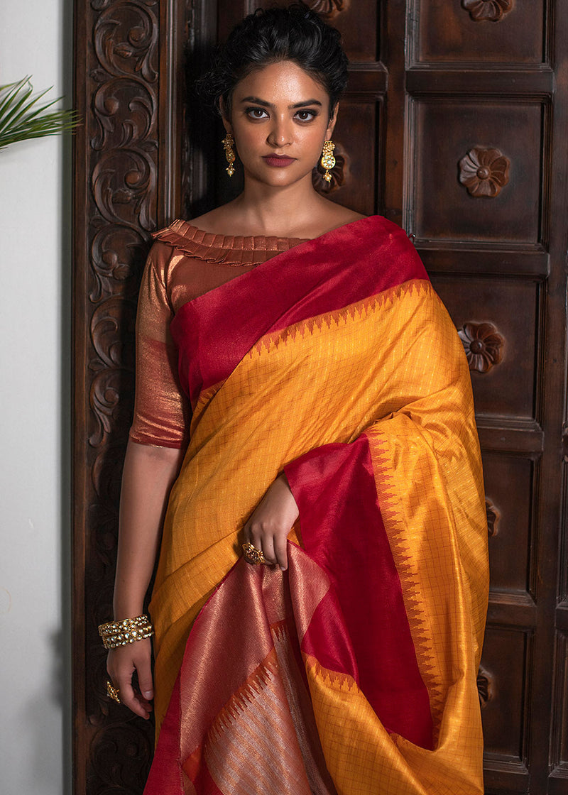 Yellow Orange and Red Zari Woven South Silk Saree