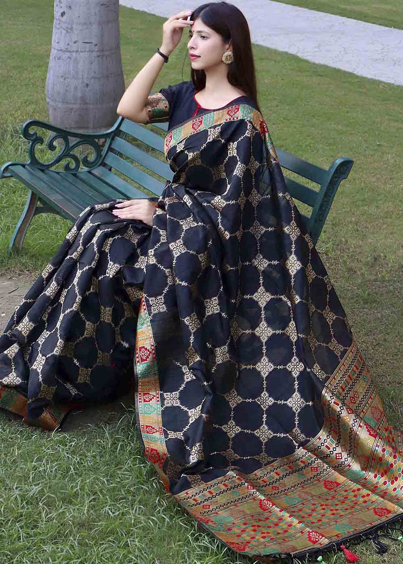 Mirage Black Zari Woven Tussar Silk Saree