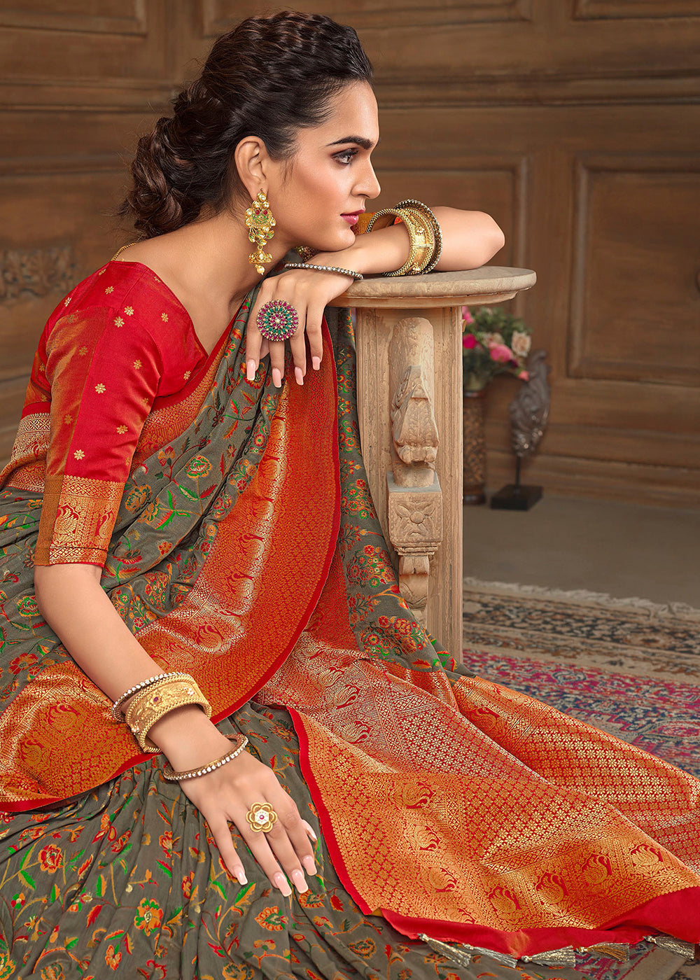 Buy MySilkLove Shadow Grey and Red Zari Woven Banarasi Saree Online