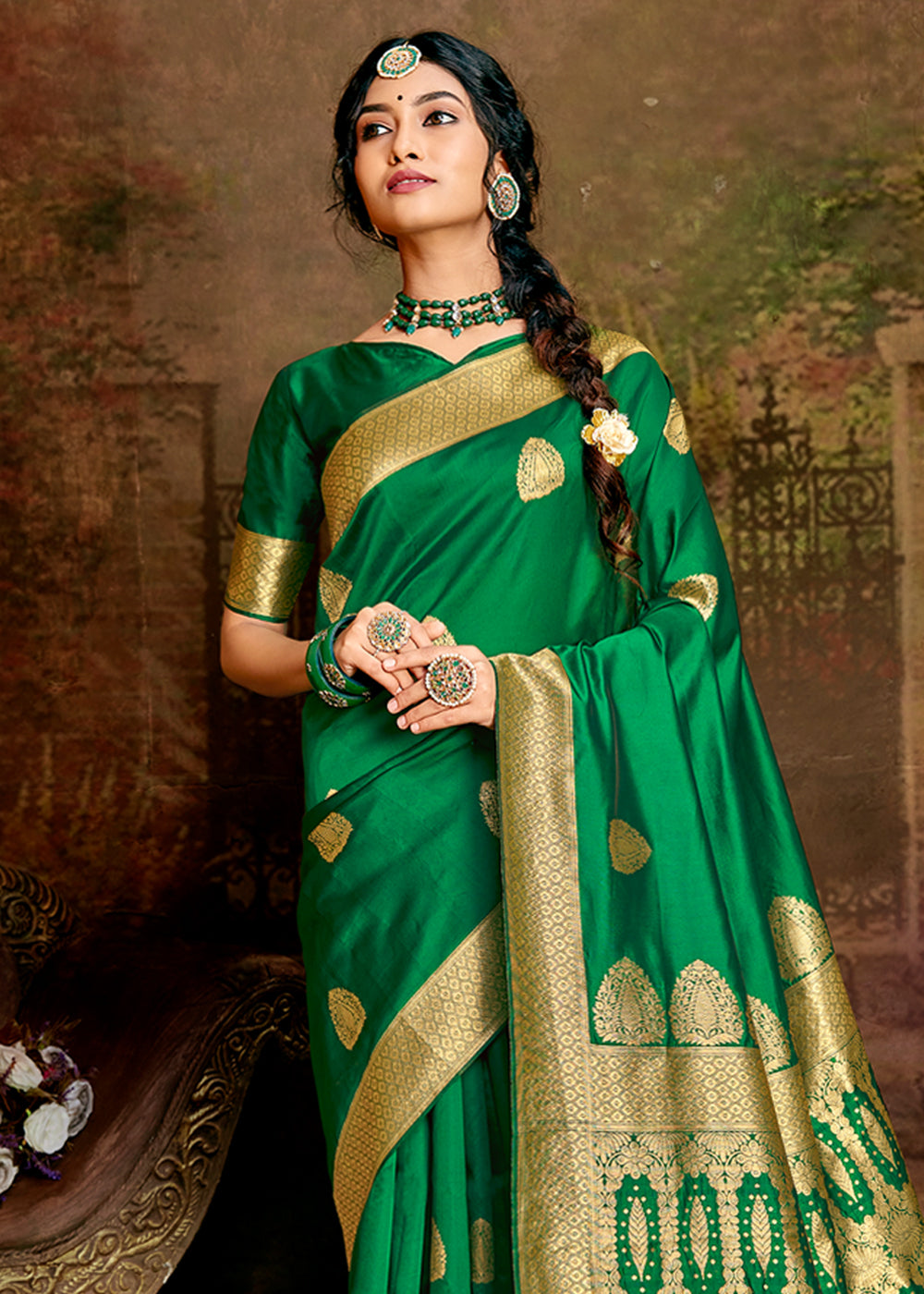 Buy MySilkLove Fern Green Zari Woven Banarasi Jamdani Silk Saree Online