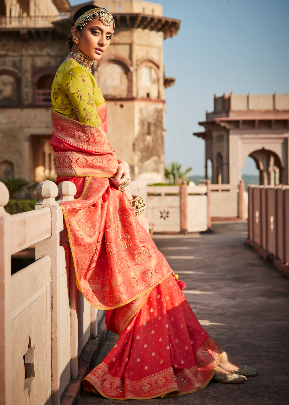 MySilkLove Punch Red and Yellow Zari Woven Banarasi Silk Saree with Embroidered Blouse