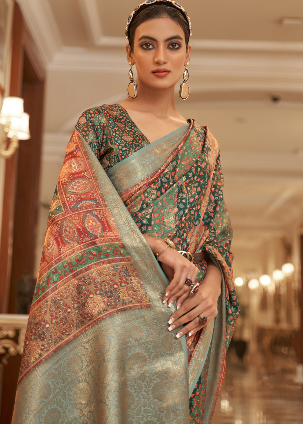 Buy MySilkLove Tallow Green Banarasi Digital Kanni Printed Silk Saree Online