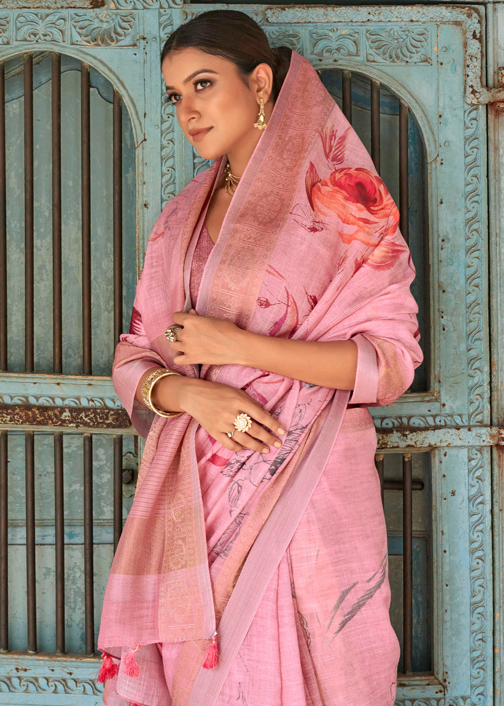 MySilkLove Pastel Pink Floral Printed Linen Silk Saree