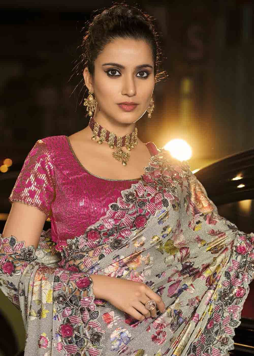 MySilkLove Thistle Silver and Pink Heavy Work Designer Net Saree