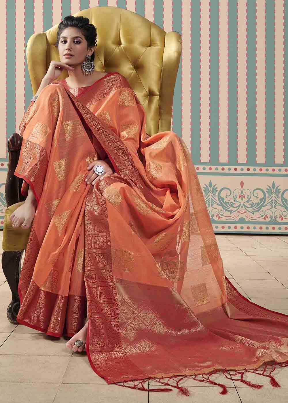 MySilkLove Raw Orange Zari Woven Linen Saree