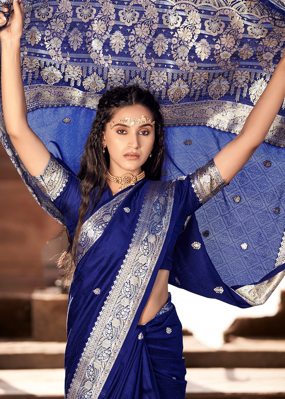 MySilkLove Astronaut Blue Woven Banarasi Satin Silk Saree