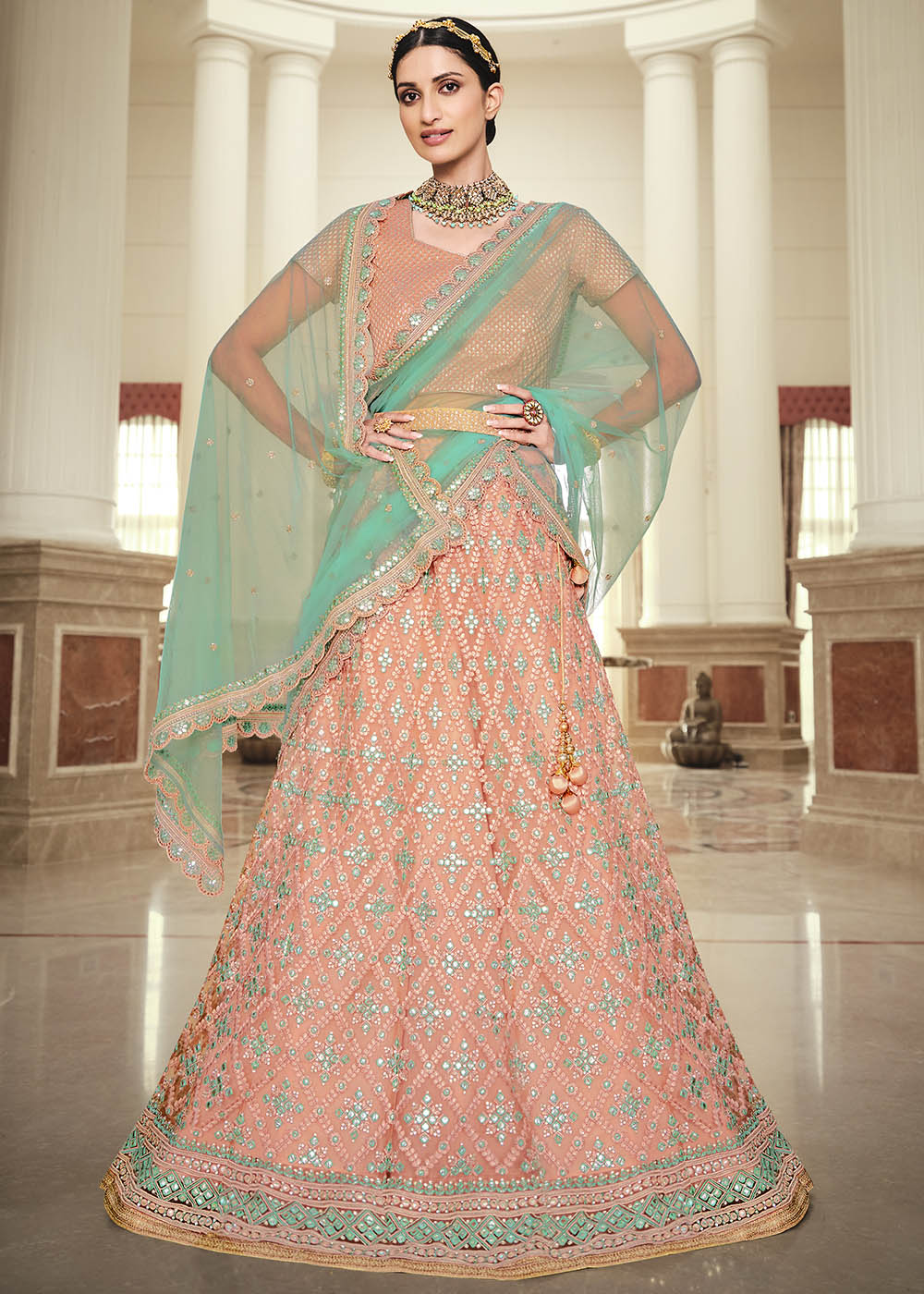 Buy MySilkLove Rose Bud Pink and Sky Blue Net Designer Lehenga With Heavy Embroidered Work Online