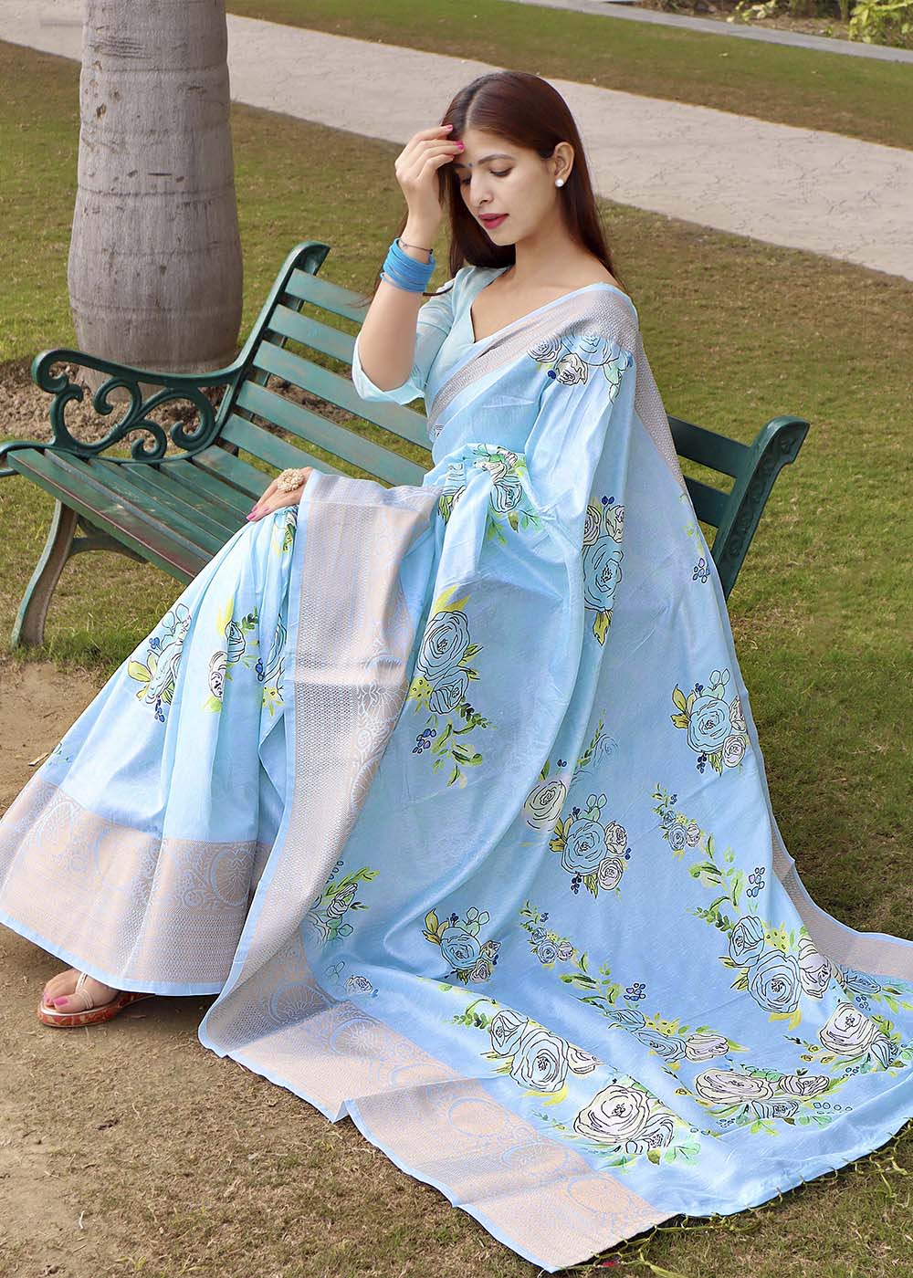 MySilkLove Sail Blue Floral Printed Soft Silk Saree