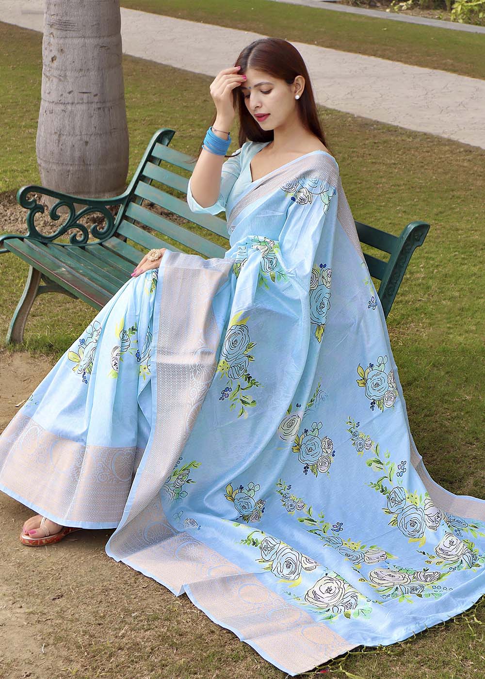 Buy MySilkLove Sail Blue Floral Printed Soft Silk Saree Online