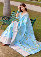 Sail Blue Floral Printed Soft Silk Saree