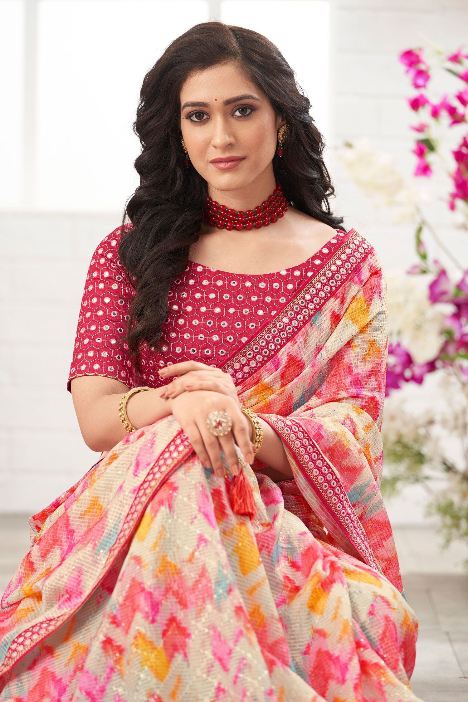 Buy MySilkLove Pastel Pink Chinon Printed Saree Online