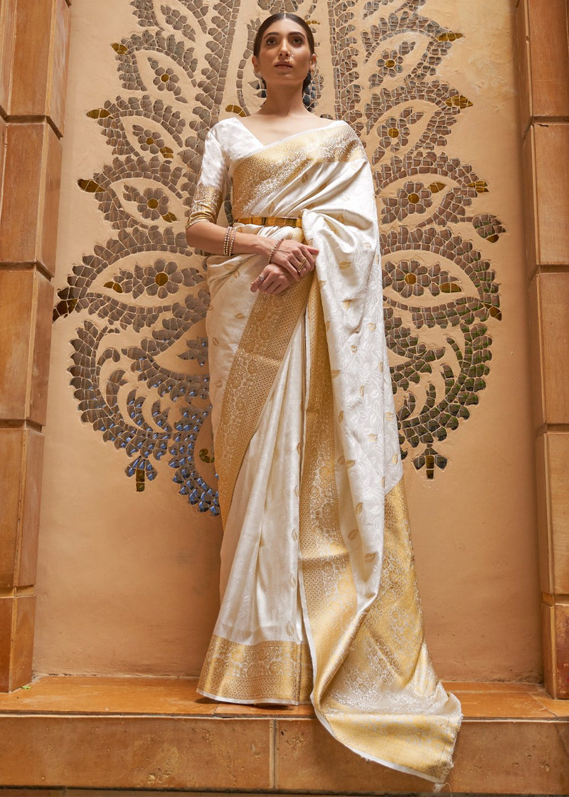 Swiss Coffee White Zari Woven Kanjivaram Saree