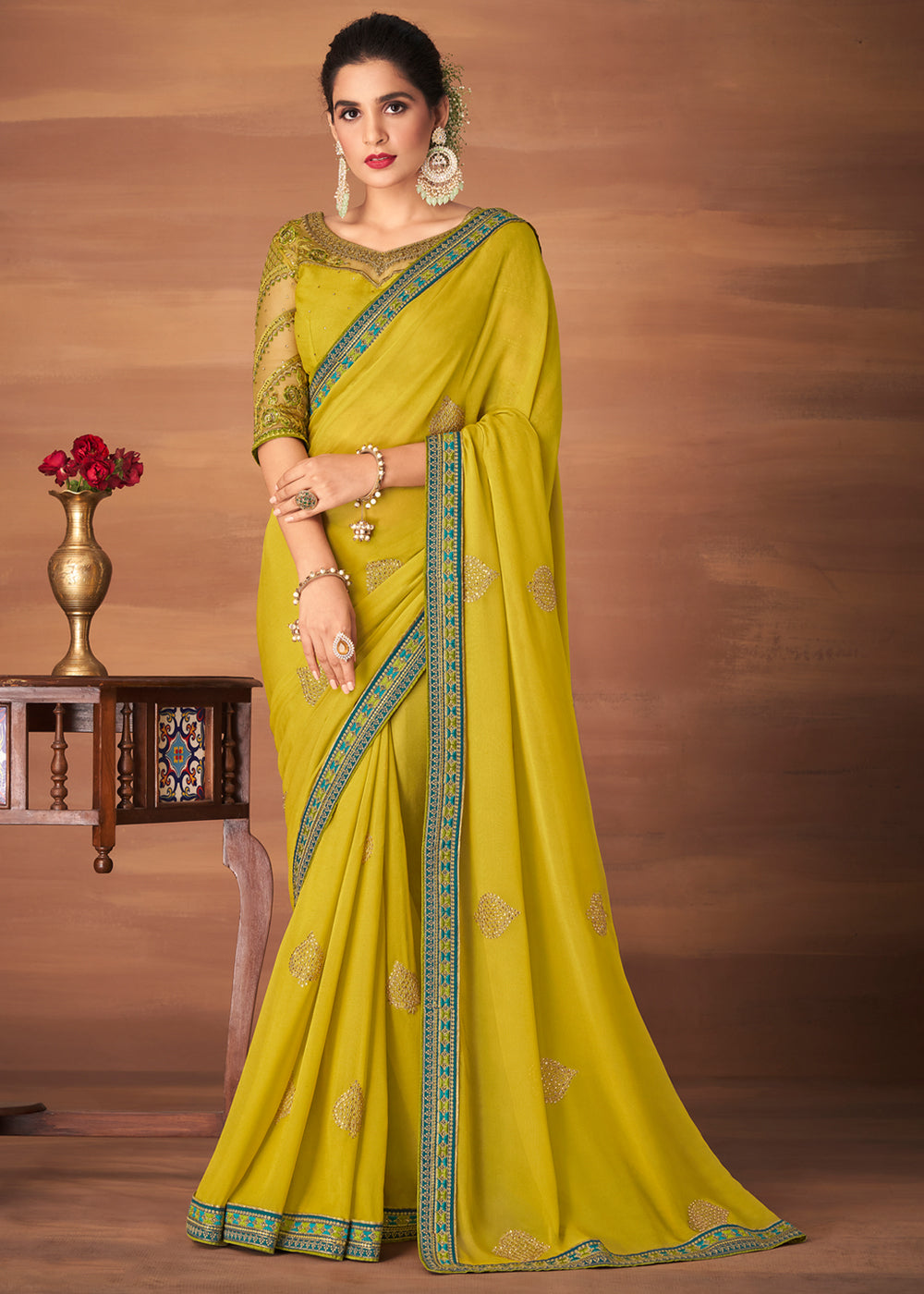 Buy MySilkLove Grass Yellow Designer Saree with Embroidered Blouse Online