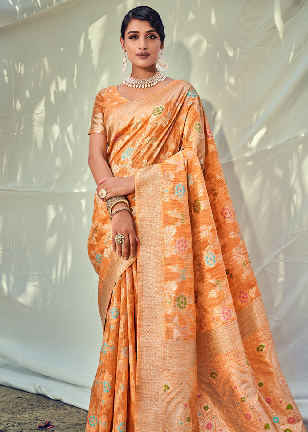 Buy MySilkLove Porsche Orange Zari Woven Banarasi Linen Saree Online