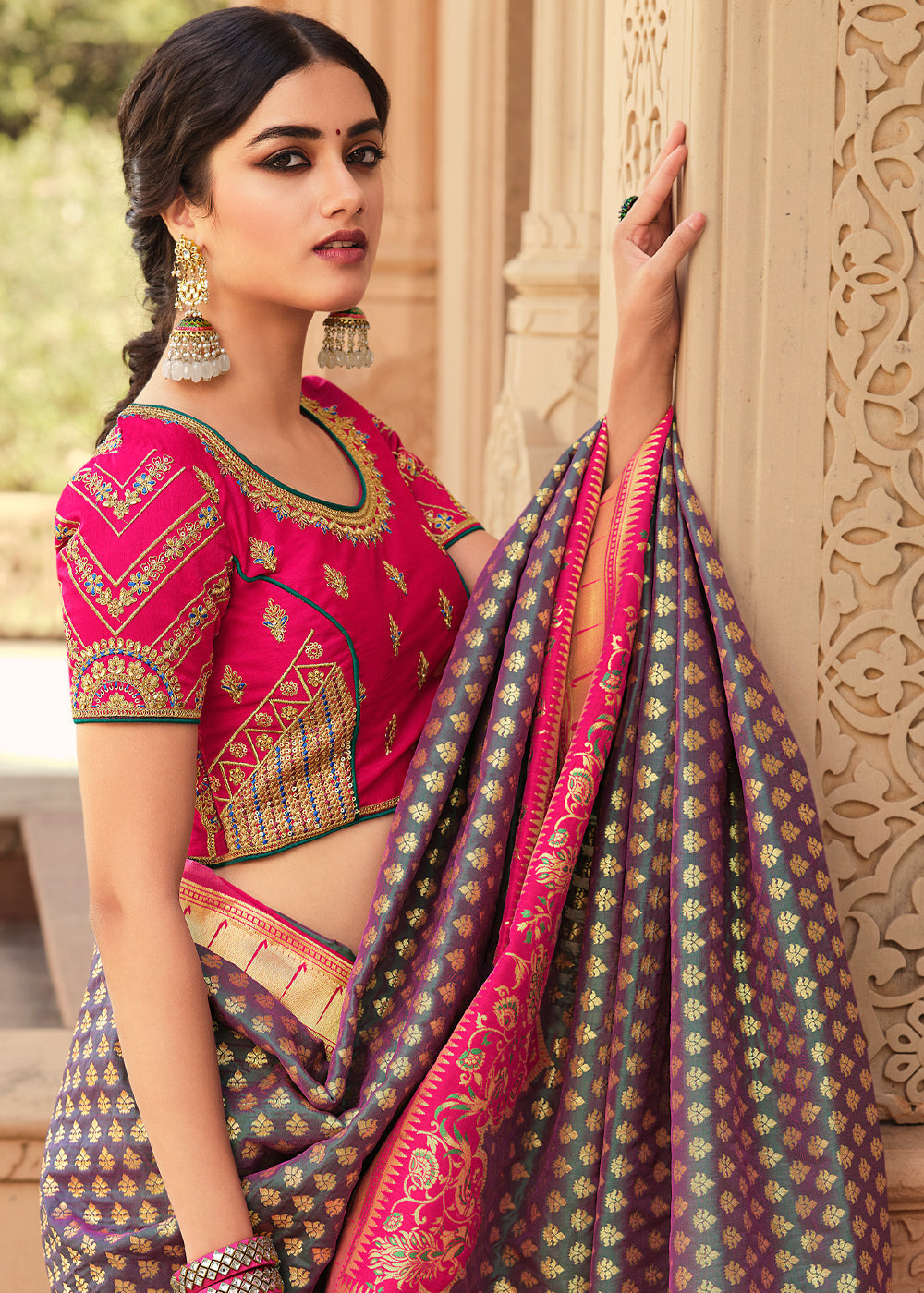 Buy MySilkLove Spicy Purple and Pink Zari Woven Banarasi Saree with Designer Blouse Online