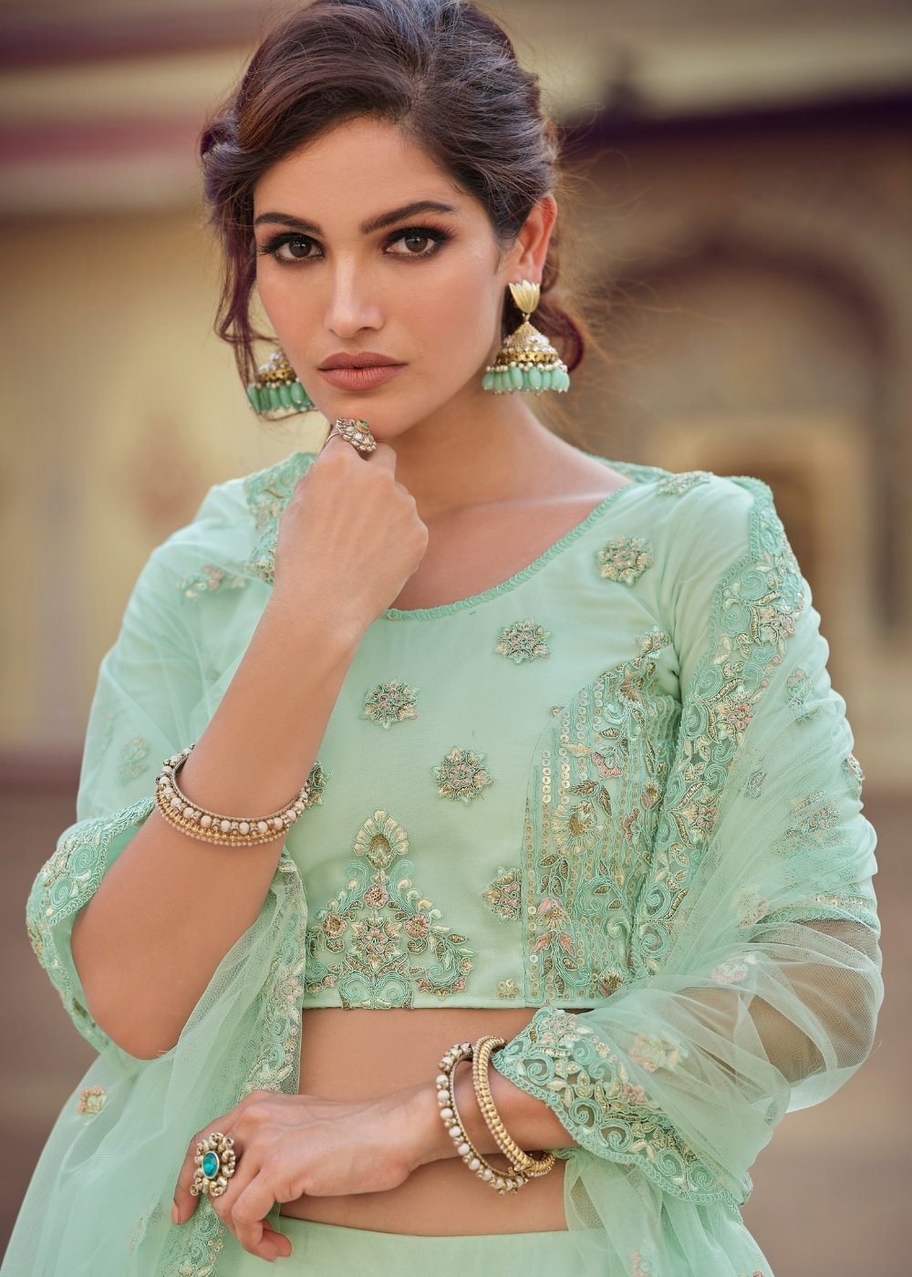 Buy MySilkLove Norway Green Soft Net Designer Lehenga Choli Online