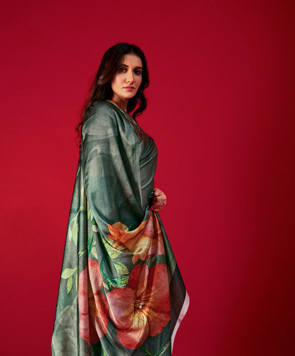 Asparagus Dark Green Satin Silk Saree