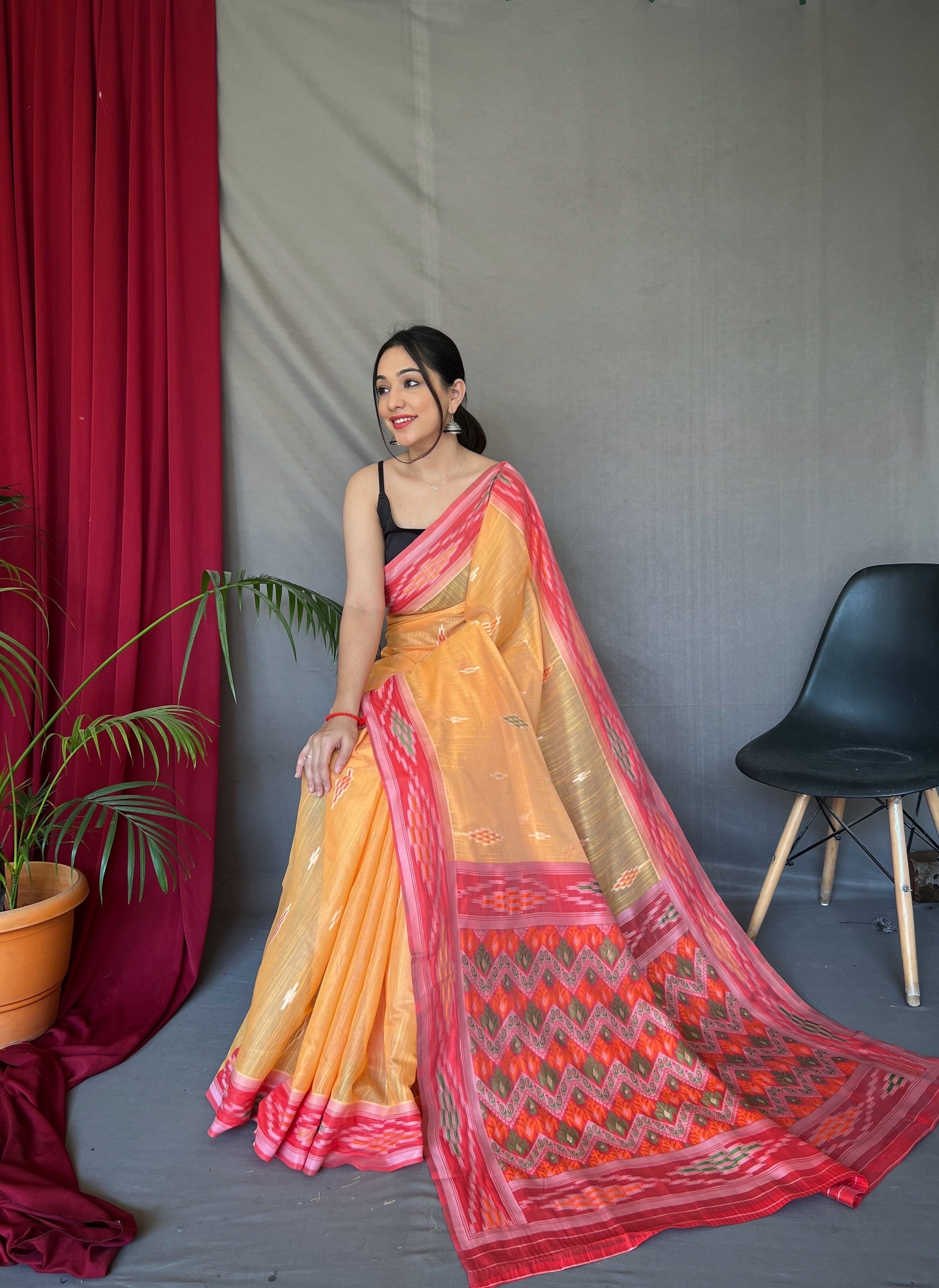 Buy MySilkLove Rajah Orange Ikat Woven Cotton Silk Saree Online