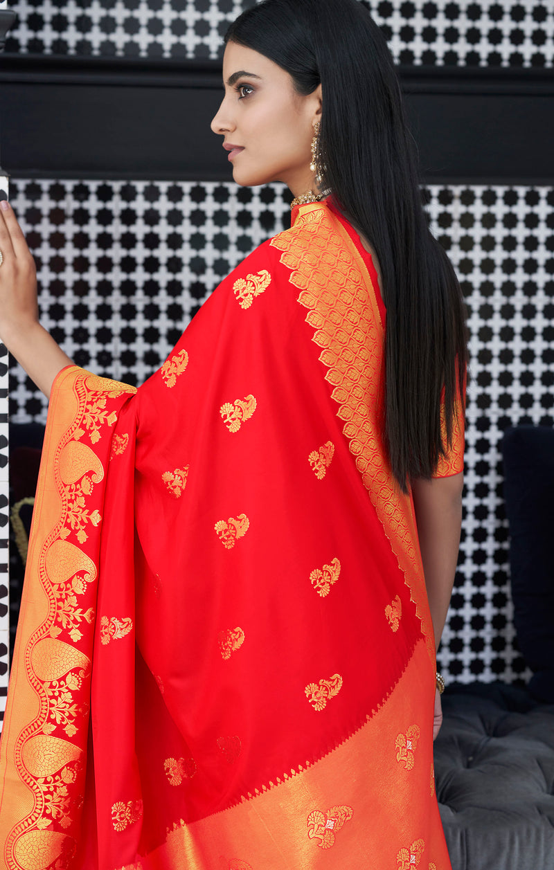 Flamingo Red Zari Woven Banarasi Saree
