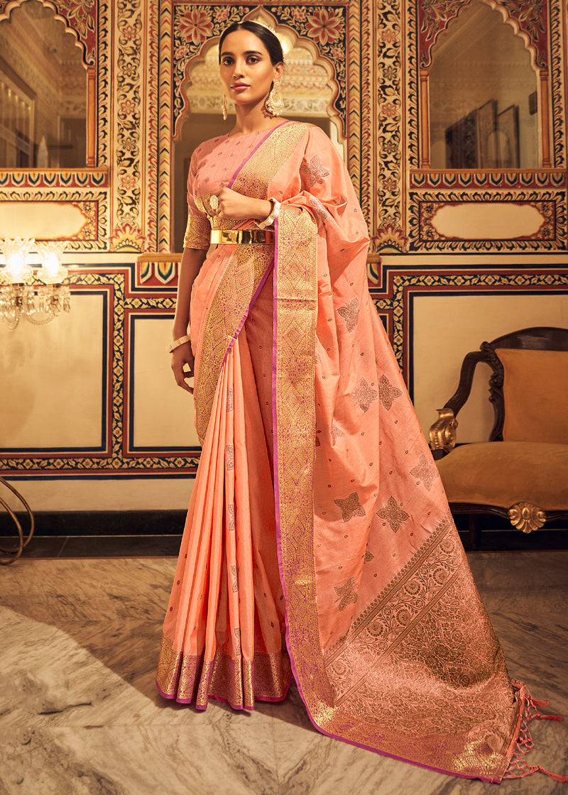 Sandy Peach Zari Woven Soft Tussar Silk Saree