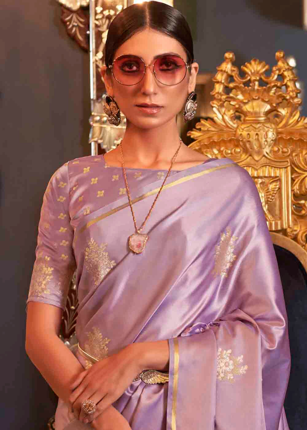 Buy MySilkLove Brandy Rose Purple Zari Woven Banarasi Satin Silk Saree Online