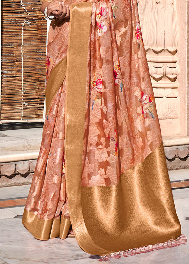 Flower Peach Digital Printed Banarasi Cotton Saree